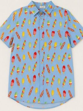COVE Popsicle Print Blue Short Sleeve Button Down Shirt NWT